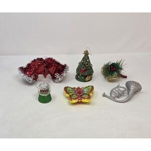 Christmas Ornament Lot 6 Pc Glass Butterfly Metal Tree Snow Globe French Horn